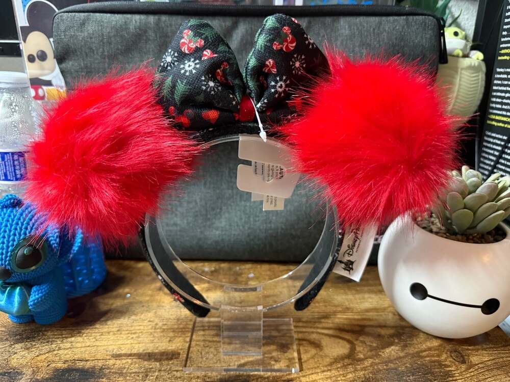 NWT Disney Parks Holiday Ugly Sweater Ears Headband with Red Pompoms